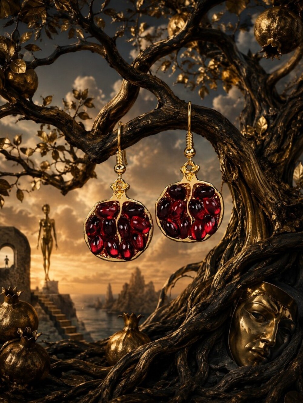Gold Drop Earrings with Deep Red Gemstone Pomegranate Design